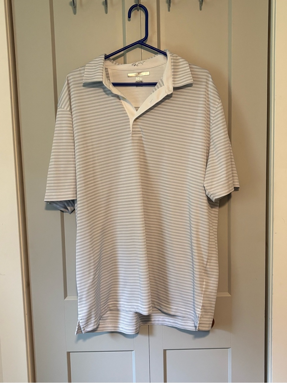 Greg Norman Collection Light Gray & White Striped Polo